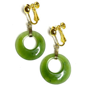 Clip Earrings Green Jade Gold Vintage Vtg Estate Jewelry O30